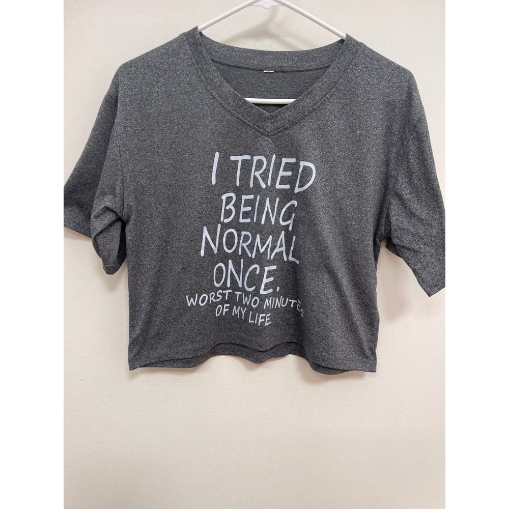 Graphic Crop Top Heather Gray V-Neck Funny Slogan T-Shirt Short Sleeve